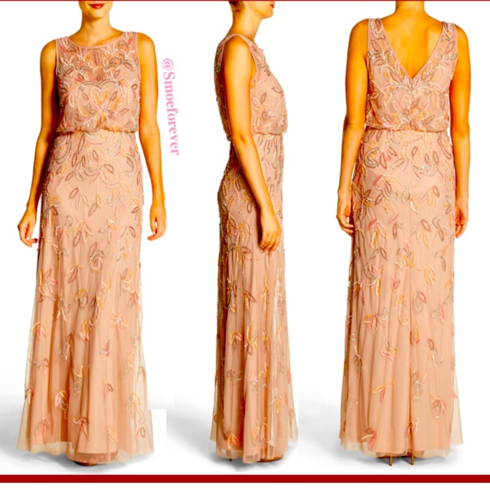 Adrianna Papell Blush Pink Floral Beaded Mesh Illusion Blouson Size 4